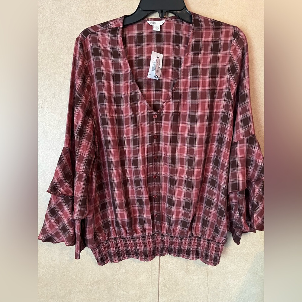 Cato Burgundy Plaid V-Neck Blouse